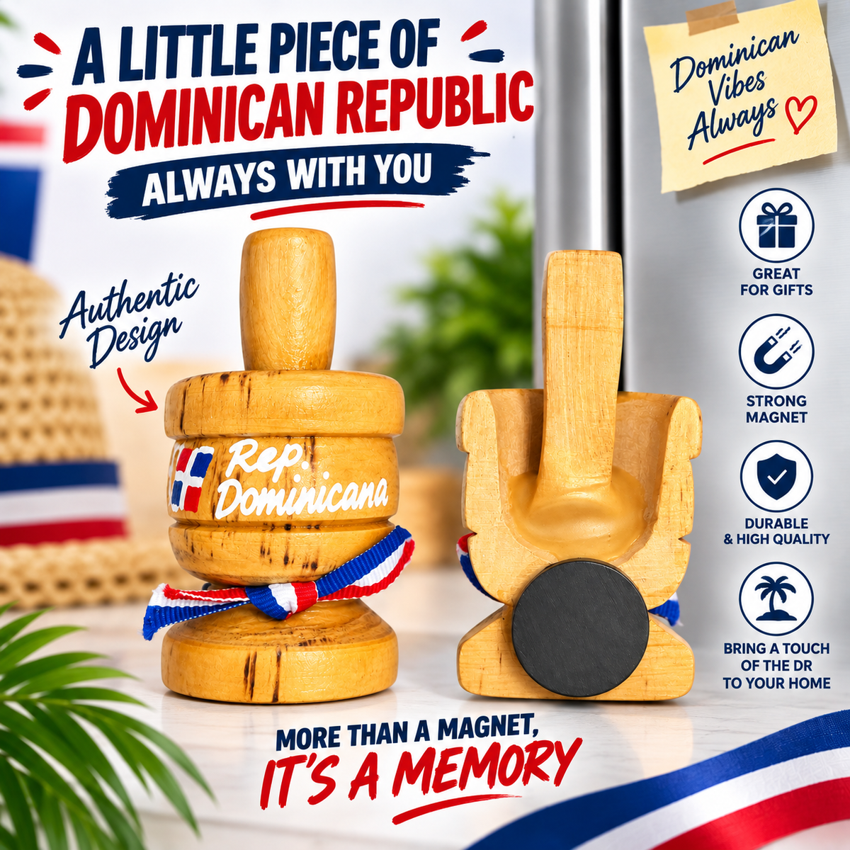 Dominican Republic Wooden Pilón Fridge Magnet – Traditional Souvenir