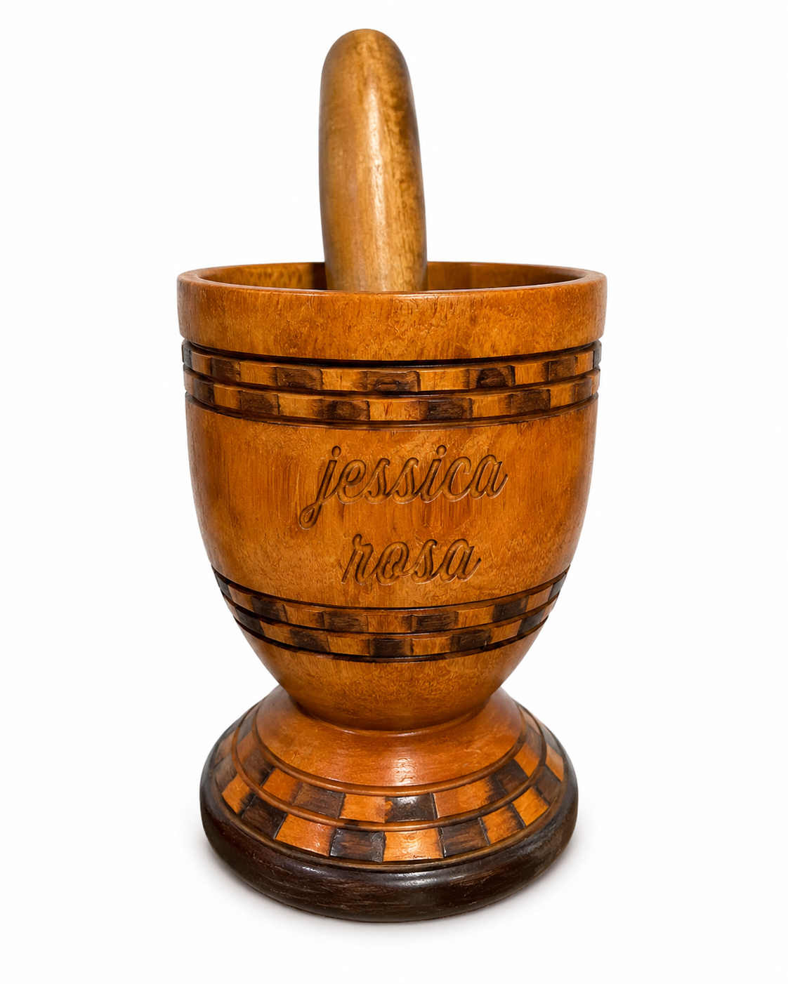 Pilón dominicano de madera con diseños tallados, 7.5 pulgadas de alto