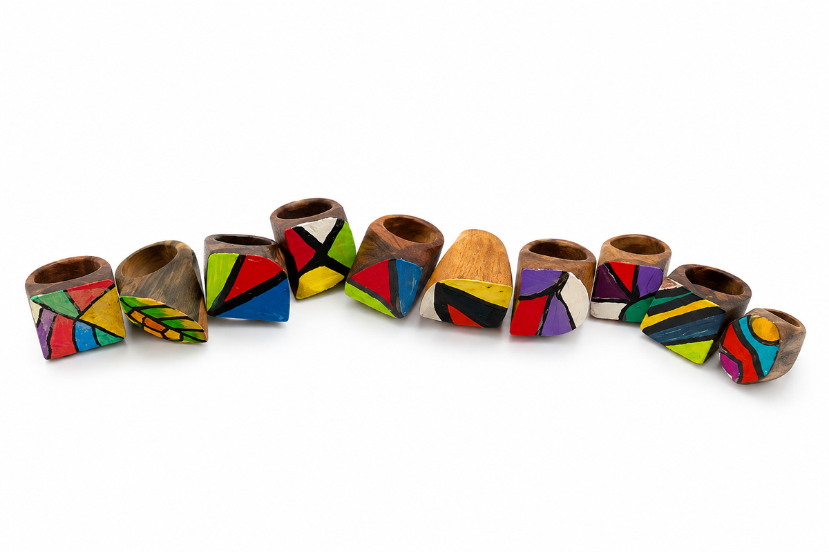 Dominican Guayacán Wood Hand-Painted Colorful Statement Ring Collection
