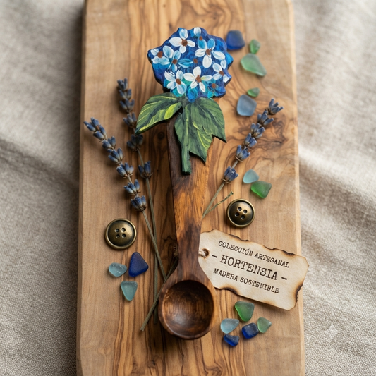 Handcrafted Hand-Painted Blue Hydrangea Top Guayacán Wood Spoon