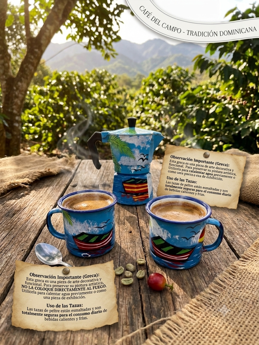 Caribbean Coffee Art Set: Hand-Painted Moka Pot & Enamel Mug Duo