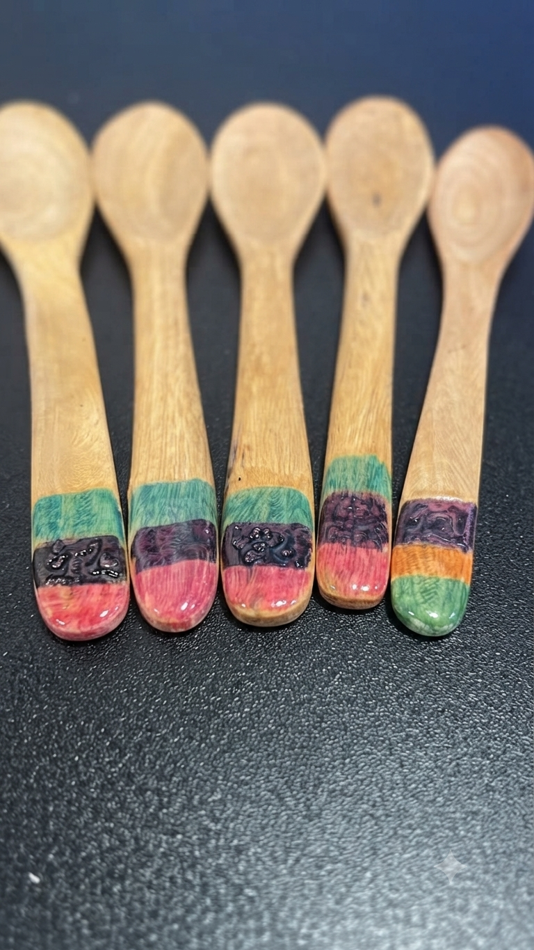 Handcrafted Set of 5 Hand-Painted Multi-Color Band Guayacán Wood Spoons