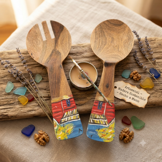 Handcrafted Set of 2 Hand-Painted Caribbean House Motif Guayacán Wood Salad Servers