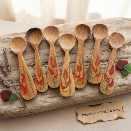 Handcrafted Set of 7 Hand-Painted Floral Motif Guayacán Wood Spoons