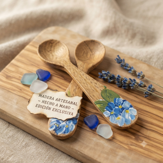 Handcrafted Set of 2 Hand-Painted Blue Hydrangea Motif Guayacán Wood Spoons