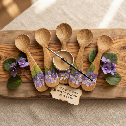 Handcrafted Set of 5 Hand-Painted Purple Violet Motif Guayacán Wood Spoons