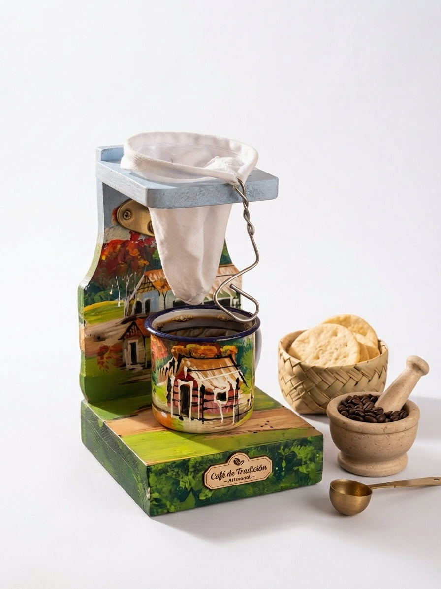 Luxury Artisanal Coffee Strainer with Hand-Painted Wooden Stand | Traditional Dominican Style