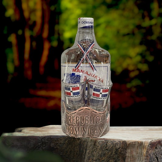 Set de Mamajuana de Republica Dominicana con 2 vasos tequileros y portador de vasos