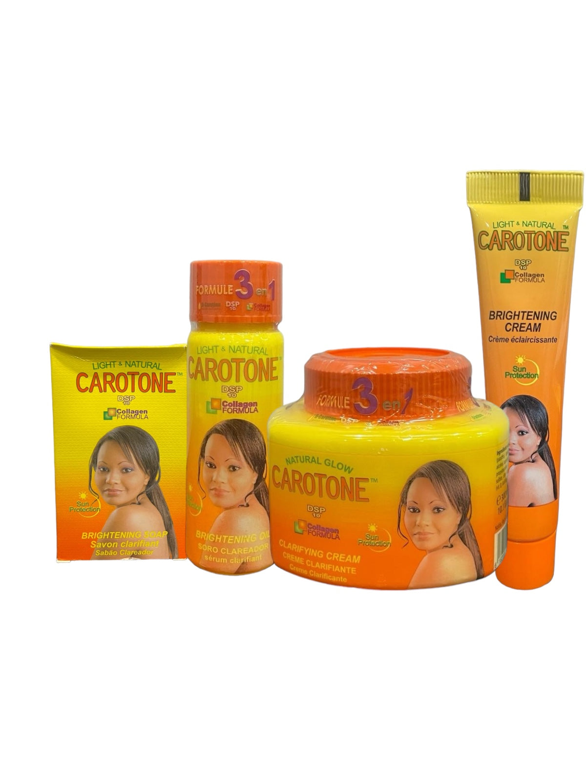 Kit Carotone Brightening Cream 10.1oz, Soap 6.7oz, Body Oil 2.2oz, Cream Tube 1oz
