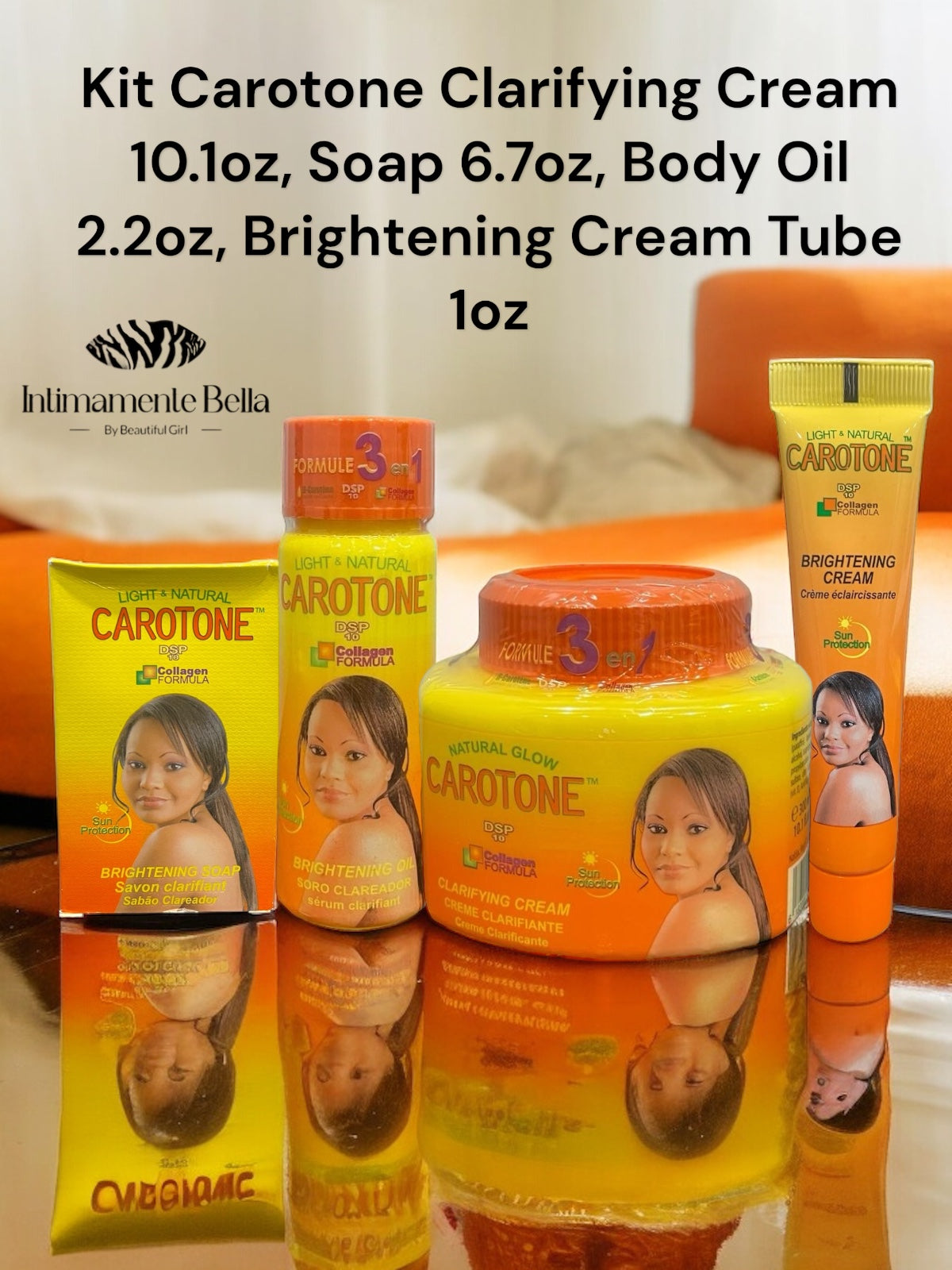 Kit Carotone Brightening Cream 10.1oz, Soap 6.7oz, Body Oil 2.2oz, Cream Tube 1oz