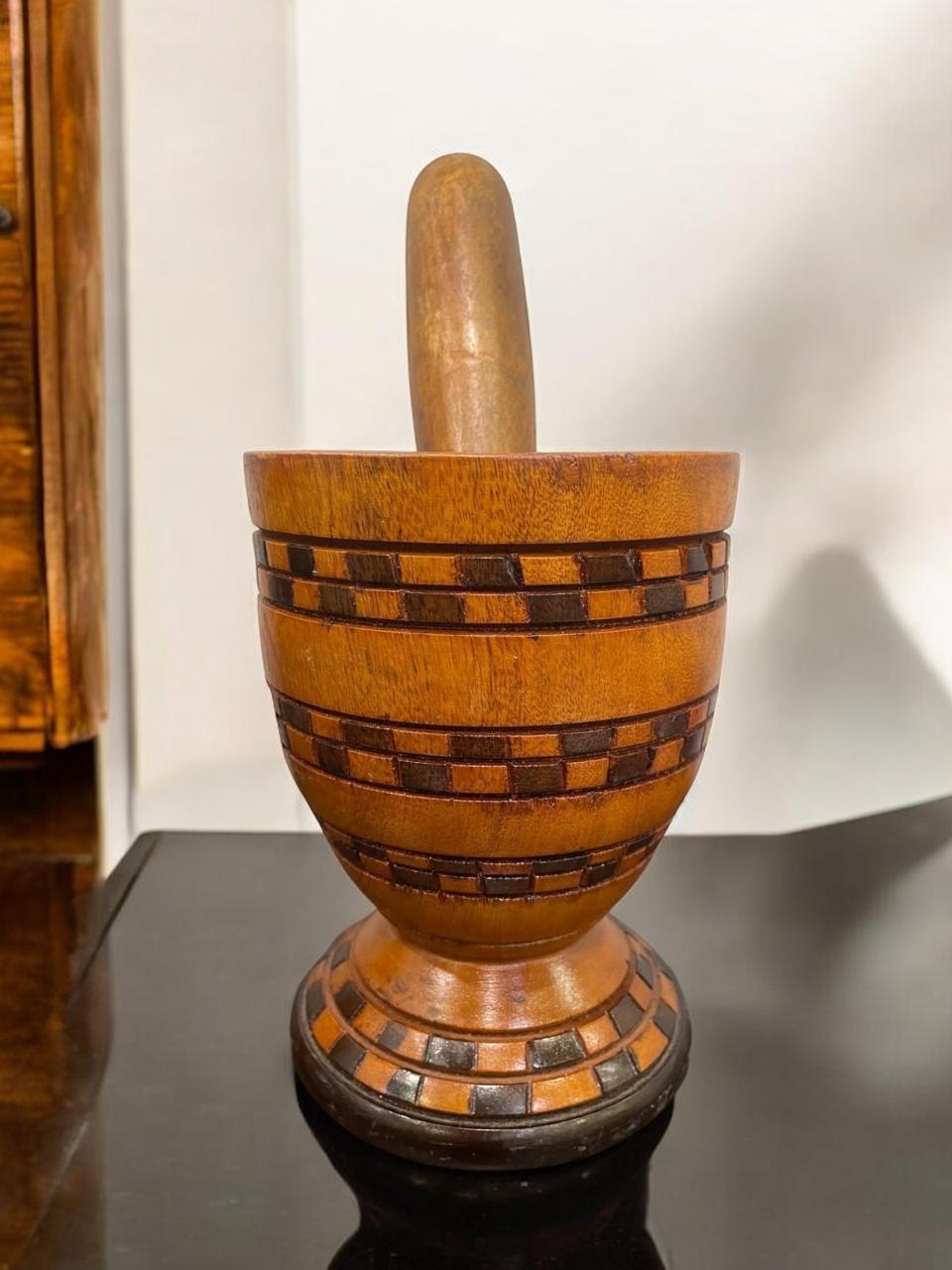 Dominican Wooden Pilon with Carved Designs, 7.5 Inches Tall