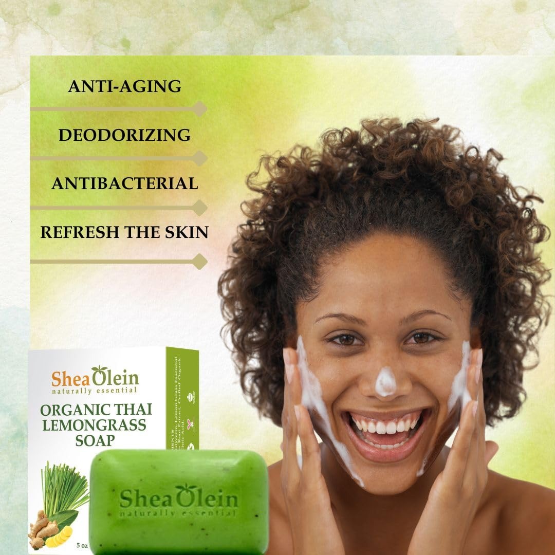 Wholesale Natural Shea Olein Bar Soap – Thai Lemongrass Organic Formula Antibacterial & Deodorizing Bar with Tea Tree & Ginger Root – Lemon Fresh Cleanse (Pack 12)