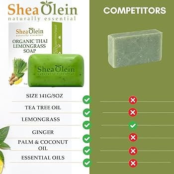 Wholesale Natural Shea Olein Bar Soap – Thai Lemongrass Organic Formula Antibacterial & Deodorizing Bar with Tea Tree & Ginger Root – Lemon Fresh Cleanse (Pack 12)