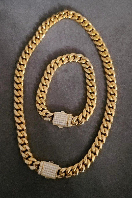 Cuban Link Chain Stainless Steel Necklace and Bracelet Jewelry 2 for Women and Men (unisex)