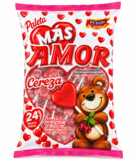 Más Amor Cherry Flavor Heart-Shaped Lollipops – 24 Pieces