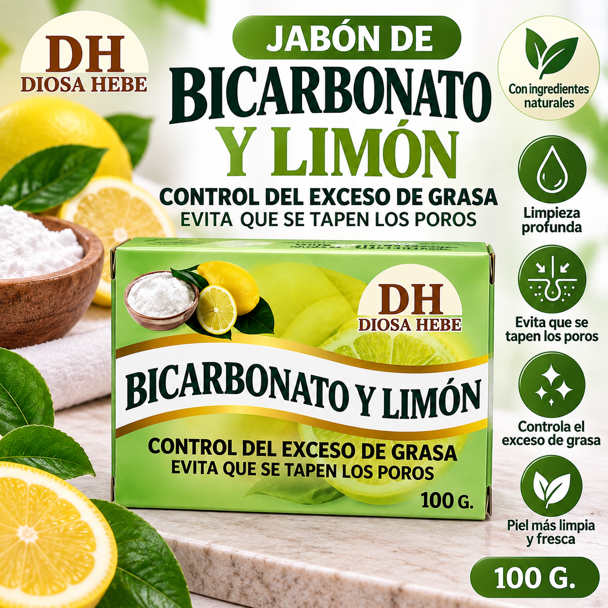 hazme a descricion        Diosa Hebe Baking Soda & Lemon Soap – Oil Control, 100g