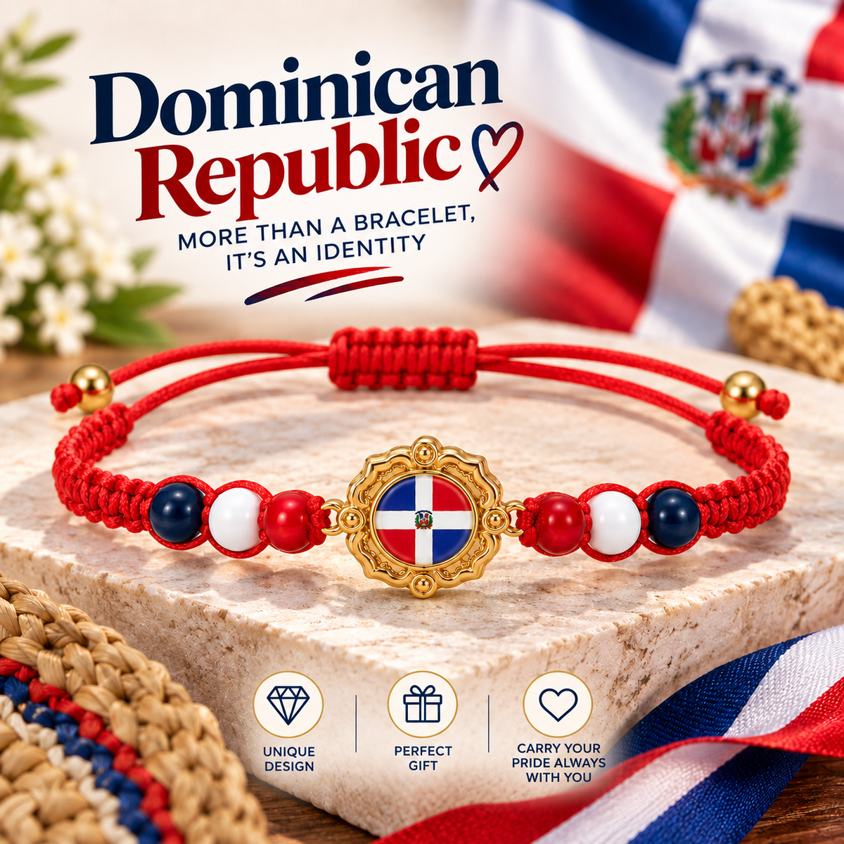 Dominican Republic Flag Red, White & Blue Adjustable Bracelet – Patriotic Heritage Jewelry