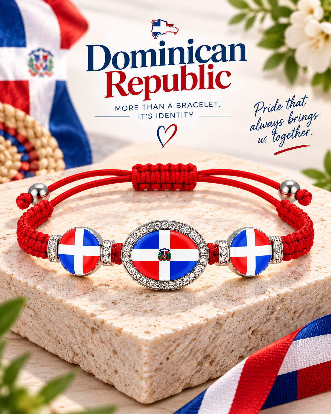 Dominican Republic Triple Flag Adjustable Bracelet – Red Heritage Bracelet