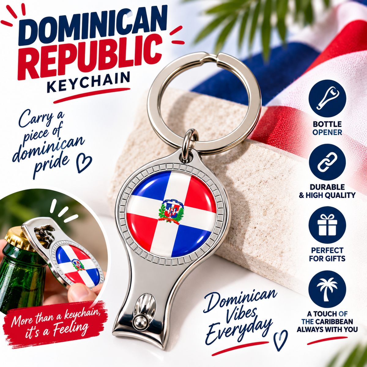 Dominican Republic Flag Keychain with Nail Clipper – 2-in-1 Souvenir