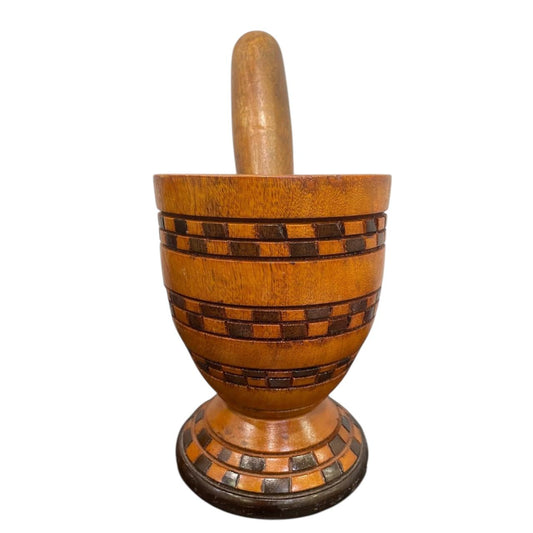 Dominican Wooden Pilon with Carved Designs, 7.5 Inches Tall