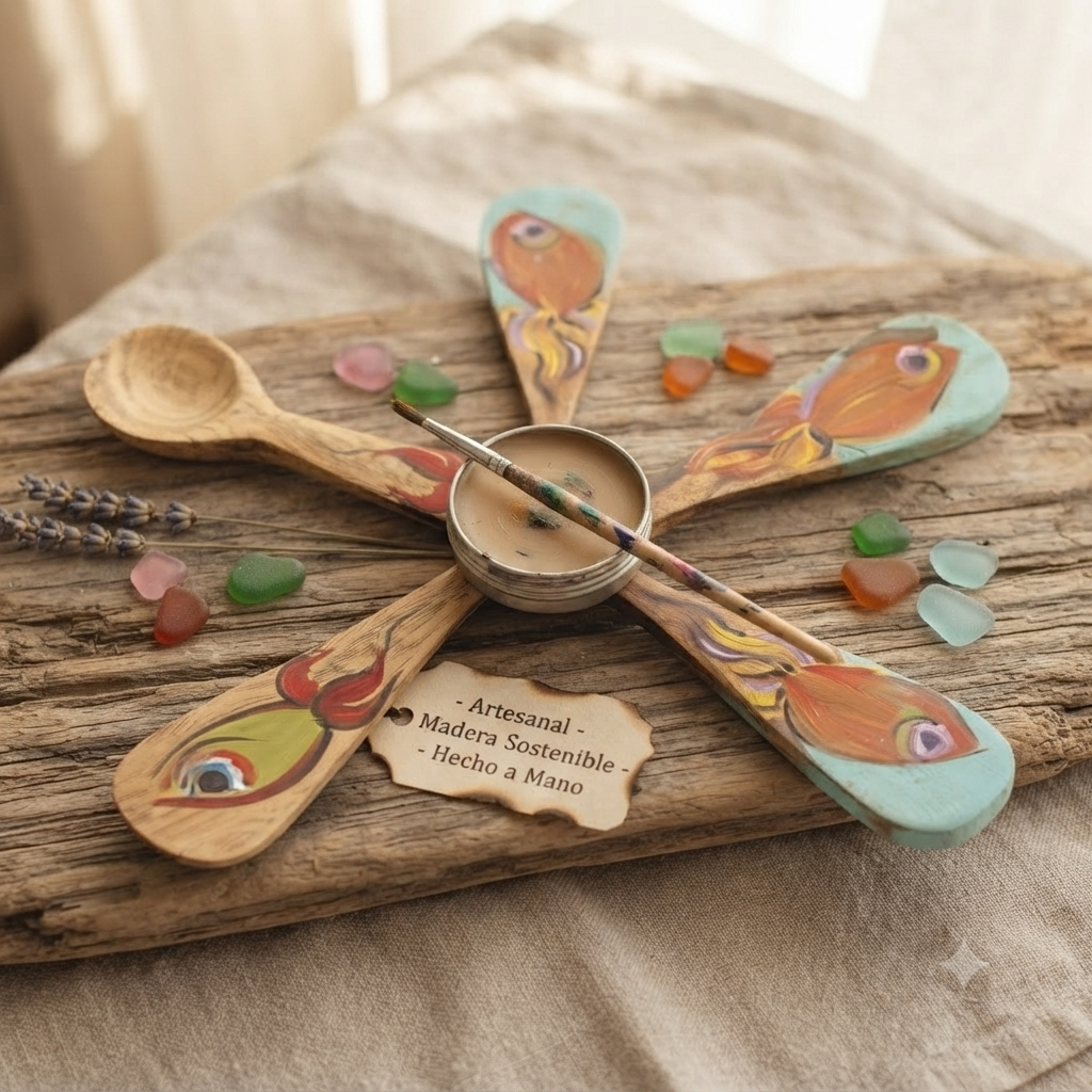 Handcrafted Set of 5 Hand-Painted Tropical Fish Motif Guayacán Wood Spoons