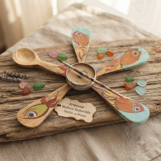 Handcrafted Set of 5 Hand-Painted Tropical Fish Motif Guayacán Wood Spoons