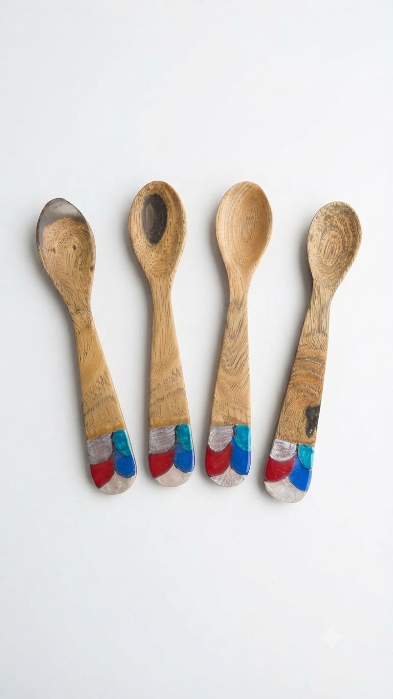 Handcrafted Set of 4 Hand-Painted Scalloped Pattern Guayacán Wood Spoons