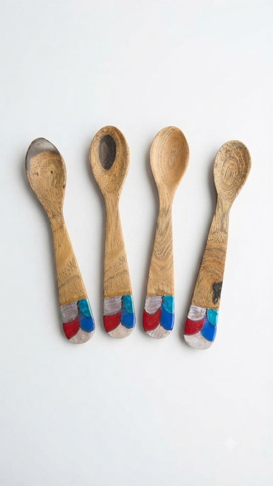 Handcrafted Set of 4 Hand-Painted Scalloped Pattern Guayacán Wood Spoons