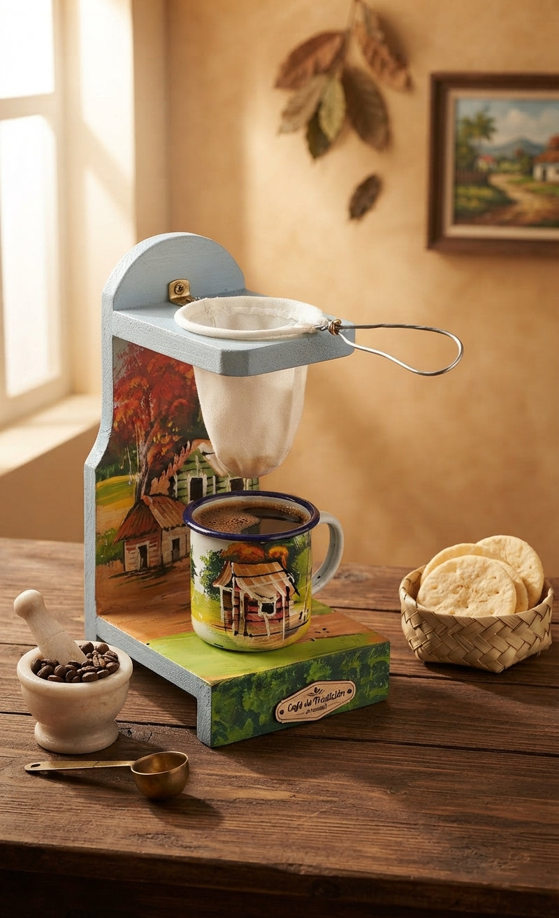 Luxury Artisanal Coffee Strainer with Hand-Painted Wooden Stand | Traditional Dominican Style
