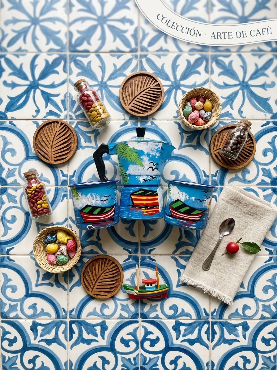 Caribbean Coffee Art Set: Hand-Painted Moka Pot & Enamel Mug Duo