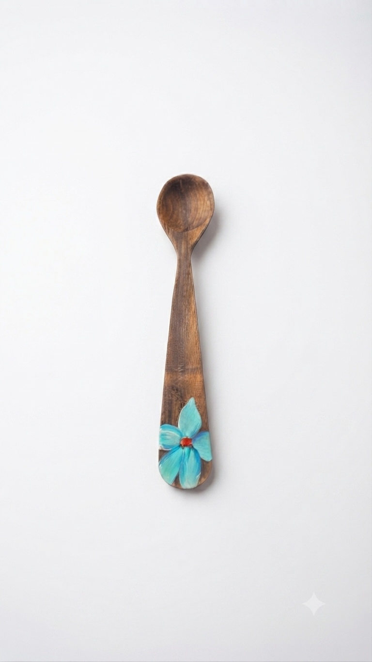 Handcrafted Set of 5 Hand-Painted Turquoise Floral Guayacán Wood Spoons