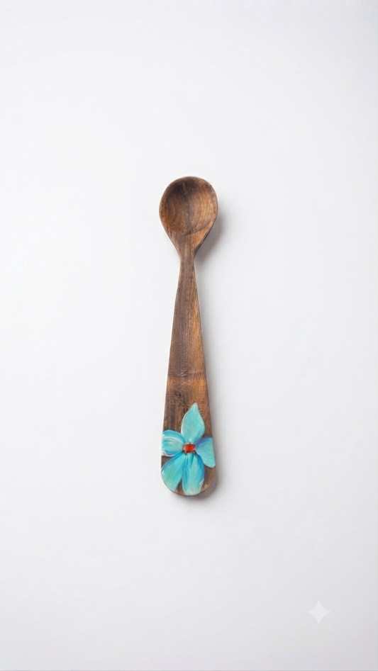 Handcrafted Set of 5 Hand-Painted Turquoise Floral Guayacán Wood Spoons