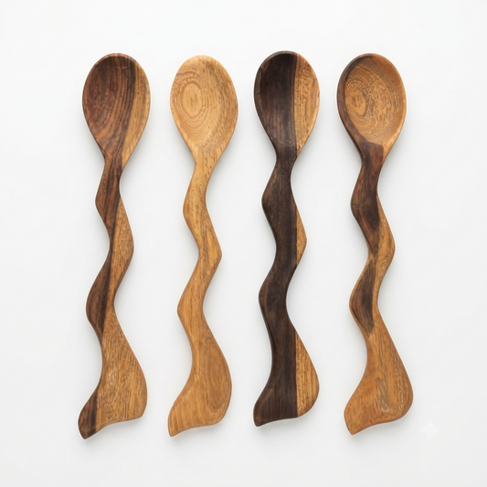Handcrafted Set of 4 Wavy Sculptural Dominican Guayacán Wood Spoons