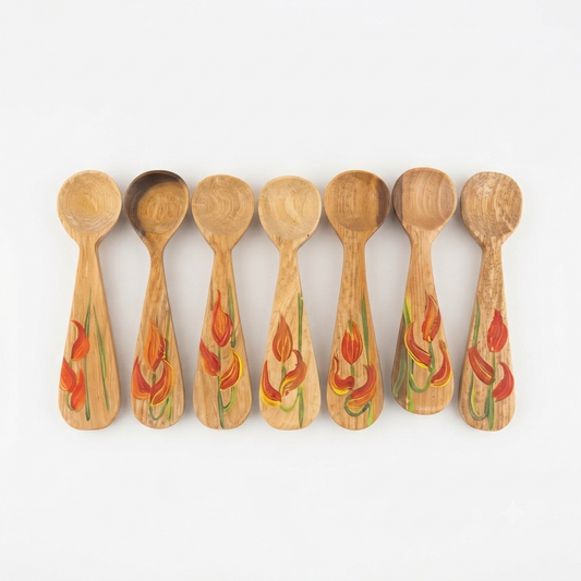 Handcrafted Set of 7 Hand-Painted Floral Motif Guayacán Wood Spoons