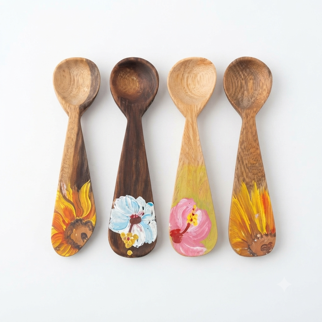 Handcrafted Set of 4 Hand-Painted Floral Blossom Guayacán Wood Spoons