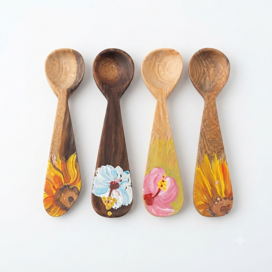Handcrafted Set of 4 Hand-Painted Floral Blossom Guayacán Wood Spoons
