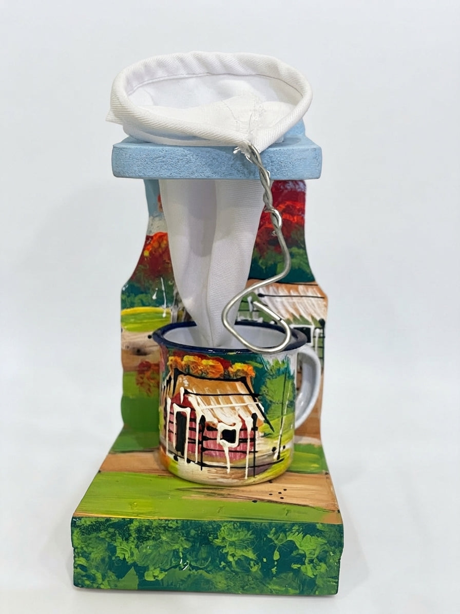 Luxury Artisanal Coffee Strainer with Hand-Painted Wooden Stand | Traditional Dominican Style