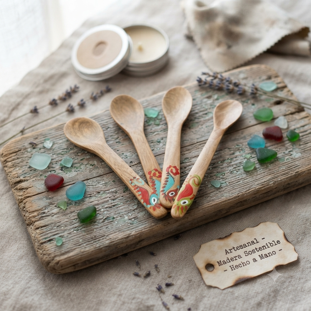 Handcrafted Set of 4 Hand-Painted Seahorse Motif Guayacán Wood Spoons