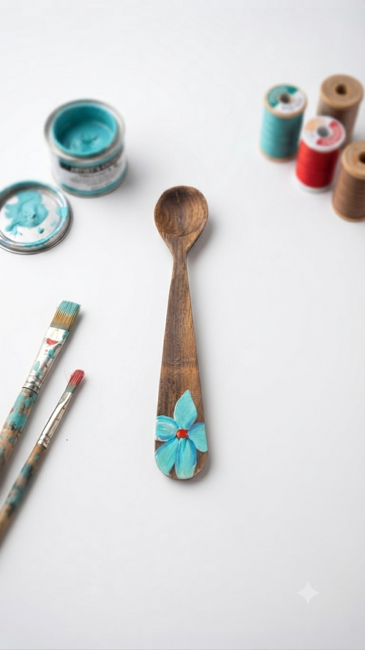 Handcrafted Set of 5 Hand-Painted Turquoise Floral Guayacán Wood Spoons