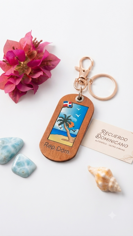 Handcrafted Tropical Beach Guayacán Wood Keychain with Rose Gold Hardware