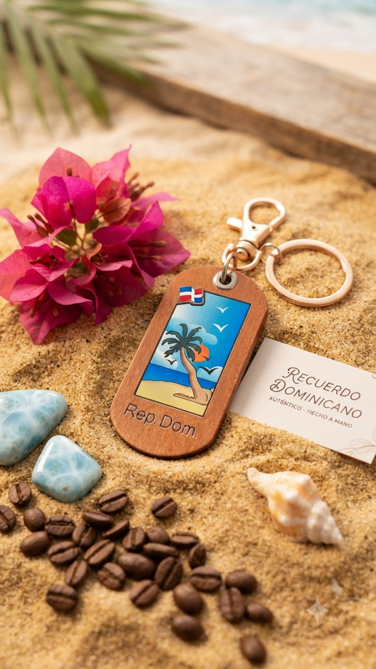 Handcrafted Tropical Beach Guayacán Wood Keychain with Rose Gold Hardware