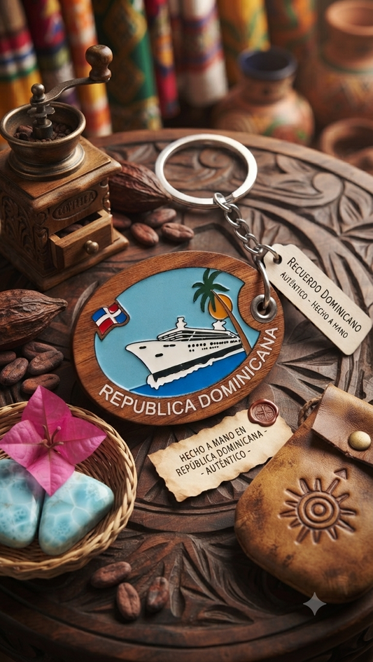 Handcrafted Oval Cruise Ship Dominican Republic Guayacán Wood Keychain