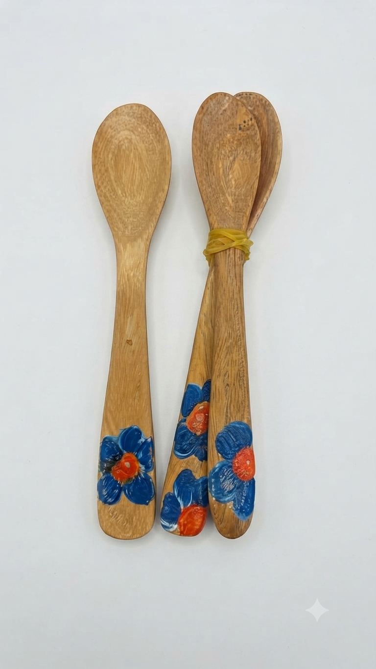 Handcrafted Set of 3 Hand-Painted Blue Flower Guayacán Wood Spoons