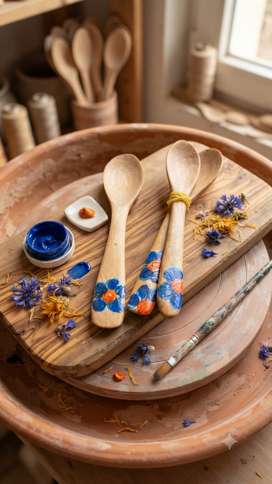 Handcrafted Set of 3 Hand-Painted Blue Flower Guayacán Wood Spoons