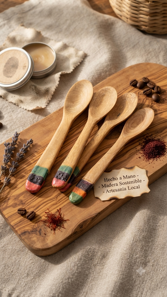 Handcrafted Set of 5 Hand-Painted Multi-Color Band Guayacán Wood Spoons