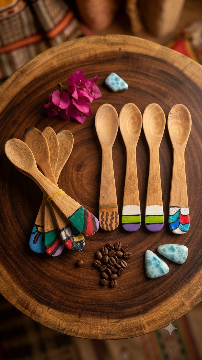 Handcrafted Set of 8 Assorted Hand-Painted Guayacán Wood Spoons