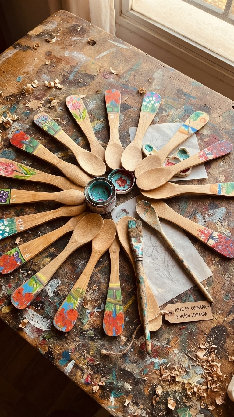 Handcrafted Collector's Set of 14 Assorted Hand-Painted Guayacán Wood Spoons ("Edición Limitada")