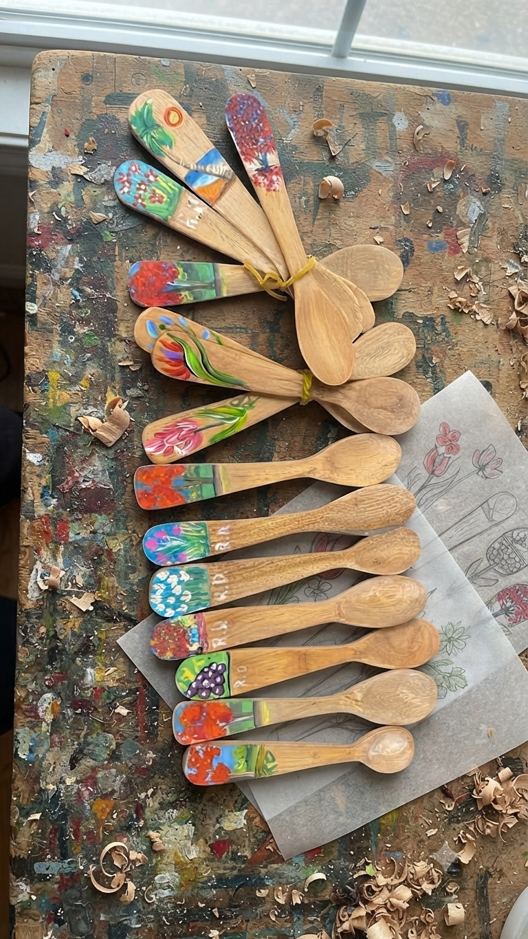 Handcrafted Collector's Set of 14 Assorted Hand-Painted Guayacán Wood Spoons ("Edición Limitada")