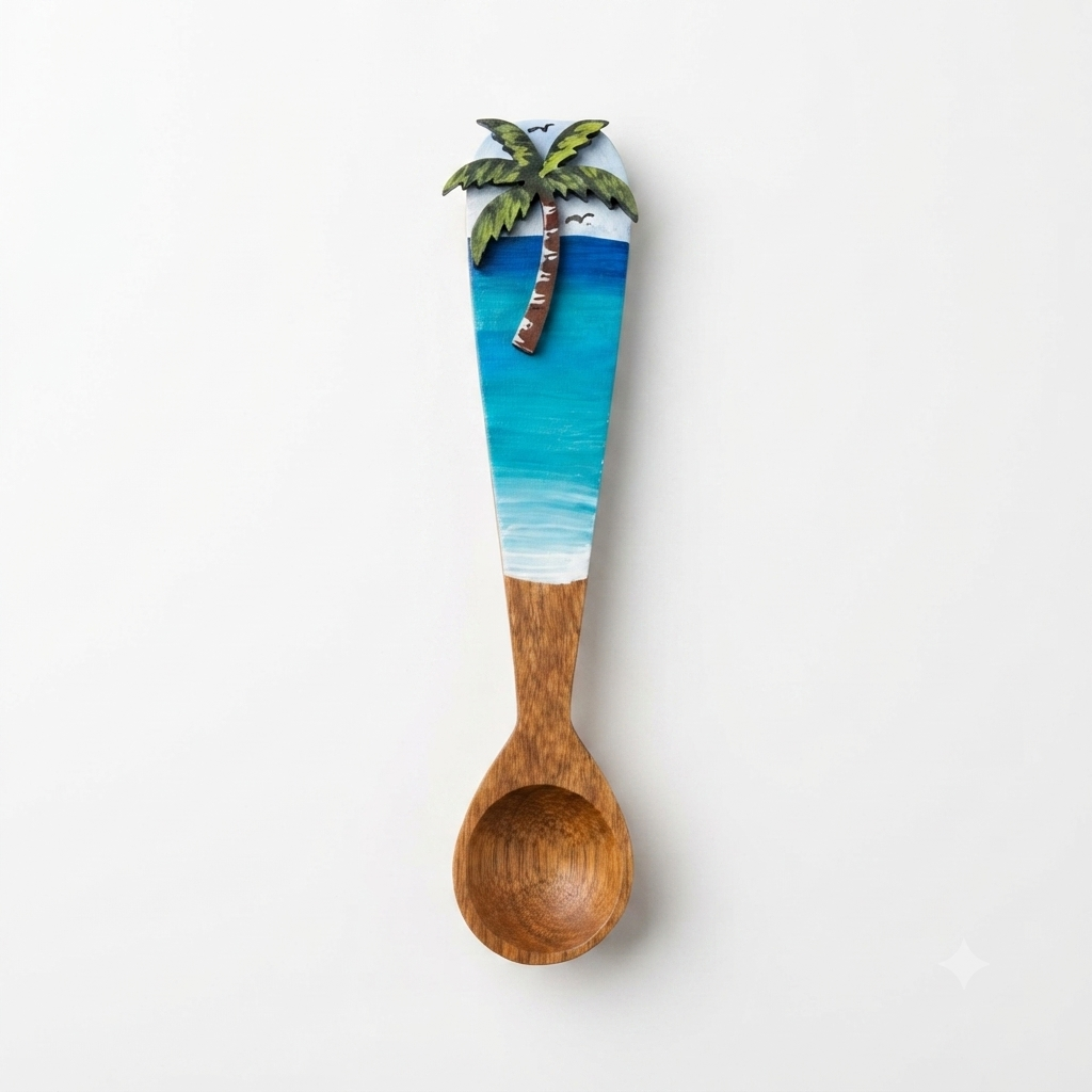 Handcrafted Hand-Painted Tropical Beach and Palm Tree Guayacán Wood Spoon