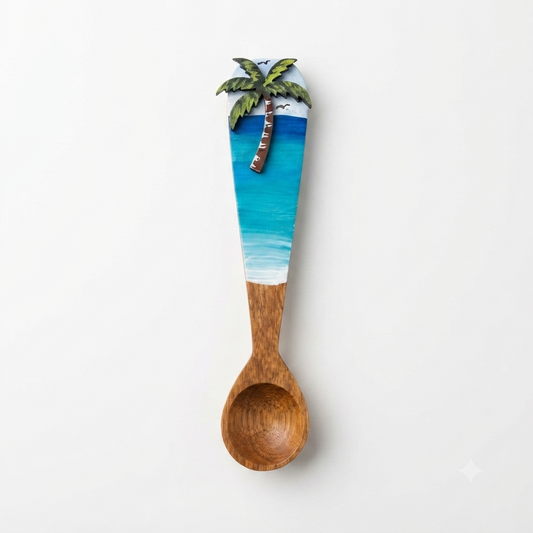 Handcrafted Hand-Painted Tropical Beach and Palm Tree Guayacán Wood Spoon